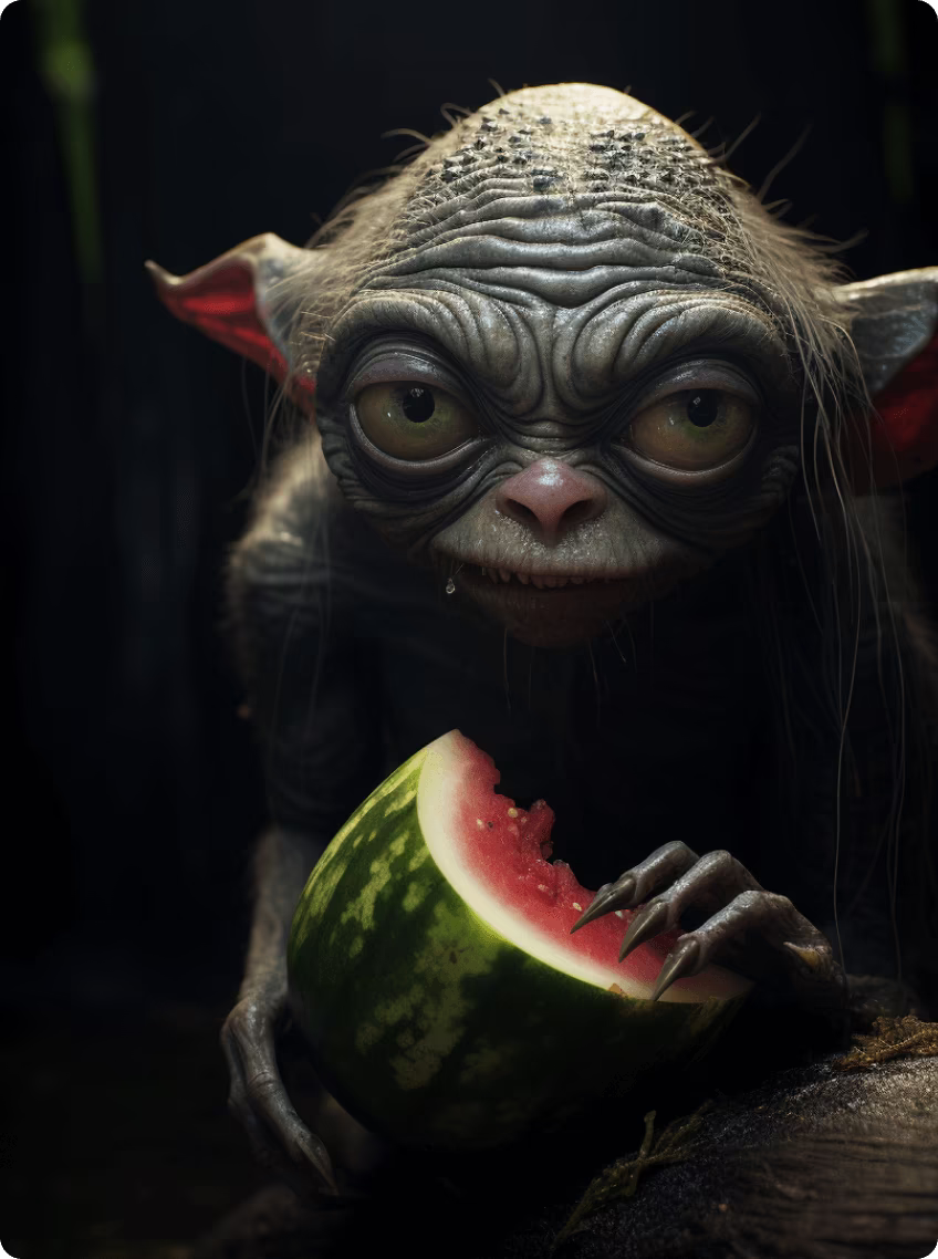 AI generated Gollum eating a watermelon 2